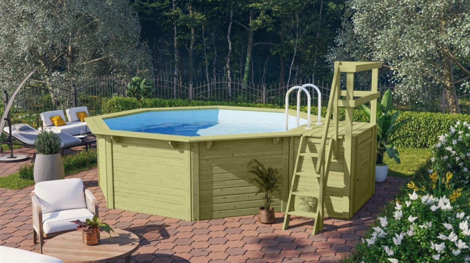 Achteck-Pool X1 400x400 cm mit Terrasse, Holz kdi/Folie blau, Karibu Bild 1