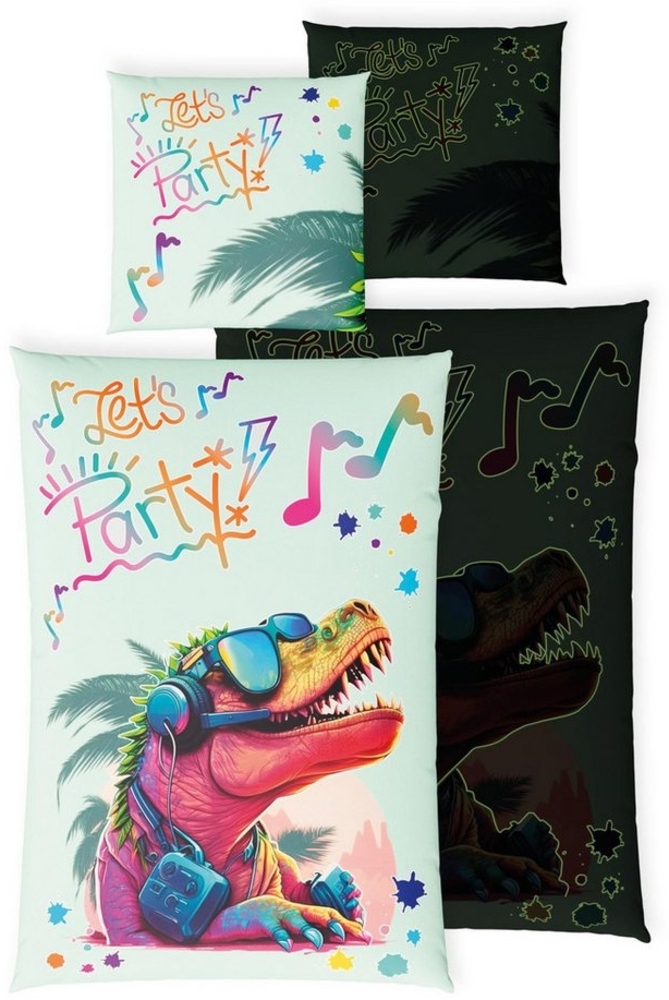 Carpe Sonno Kinderbettwäsche 135x200 +10 SPIELE +KINDERBUCH Baumwoll Bettwäsche Kind Jungen Mädchen, Renforcé, 2 teilig, Coole Party Dino Bettset Bettzeug Dinosaurier Disco Bild 1