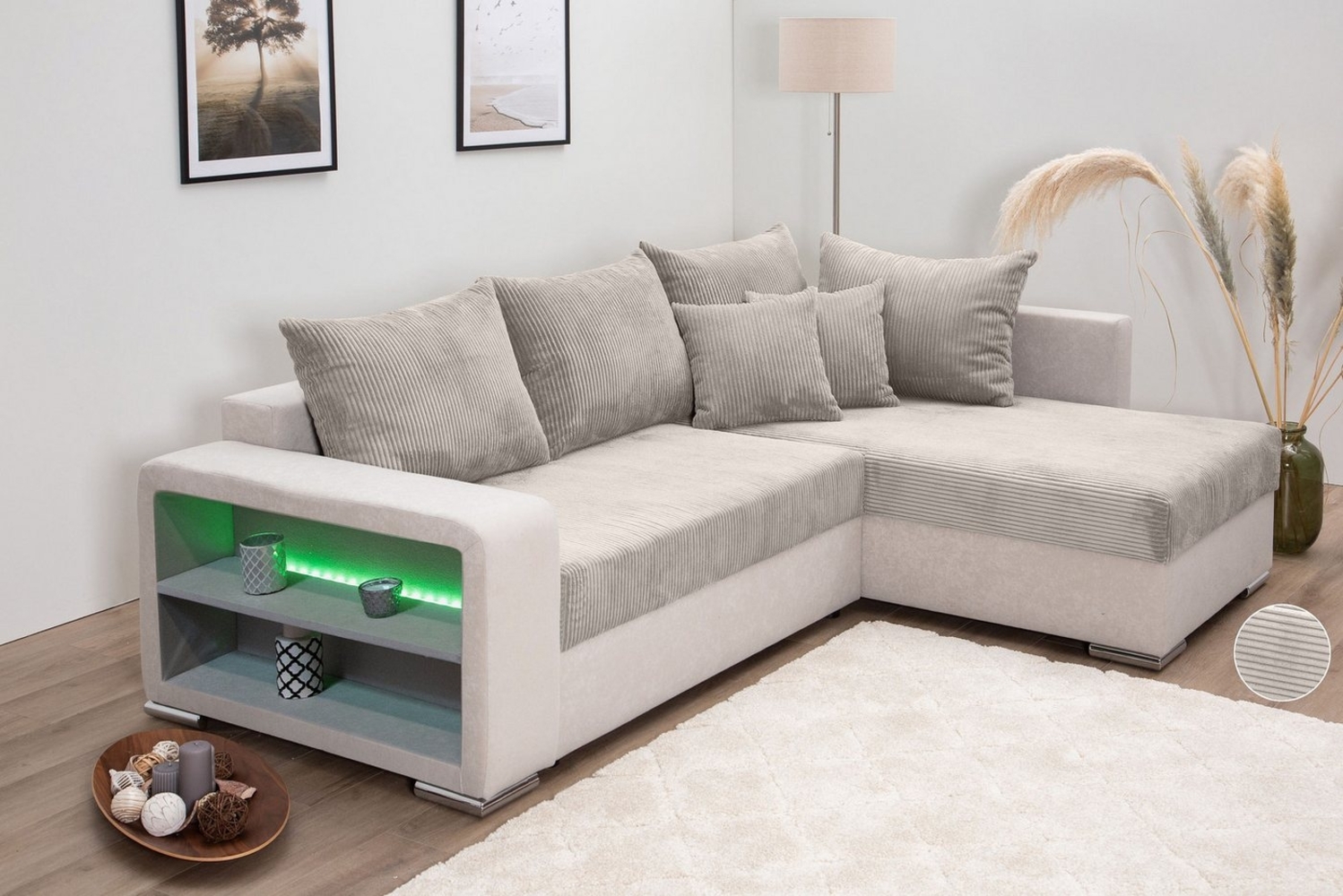 COLLECTION AB Ecksofa L-Form, Regalarmlehne mit LED RGB Beleuchtung,Bettfunktion und Bettkasten Bild 1