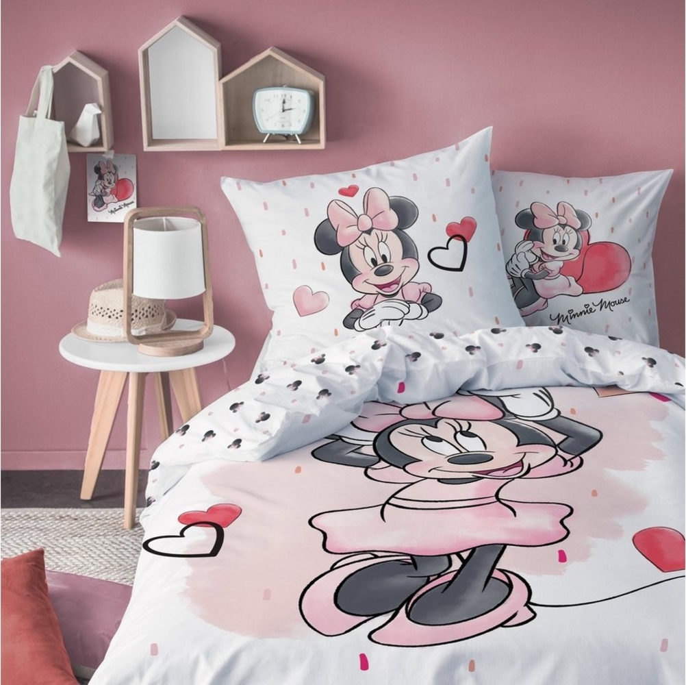 MTOnlinehandel Kinderbettwäsche Minnie Mouse 135x200 + 80x80 cm, 100 % Baumwolle, Renforcé, 2 teilig, süße Disney Minnie Maus Bettwäsche mit vielen Herzchen in rosa Bild 1