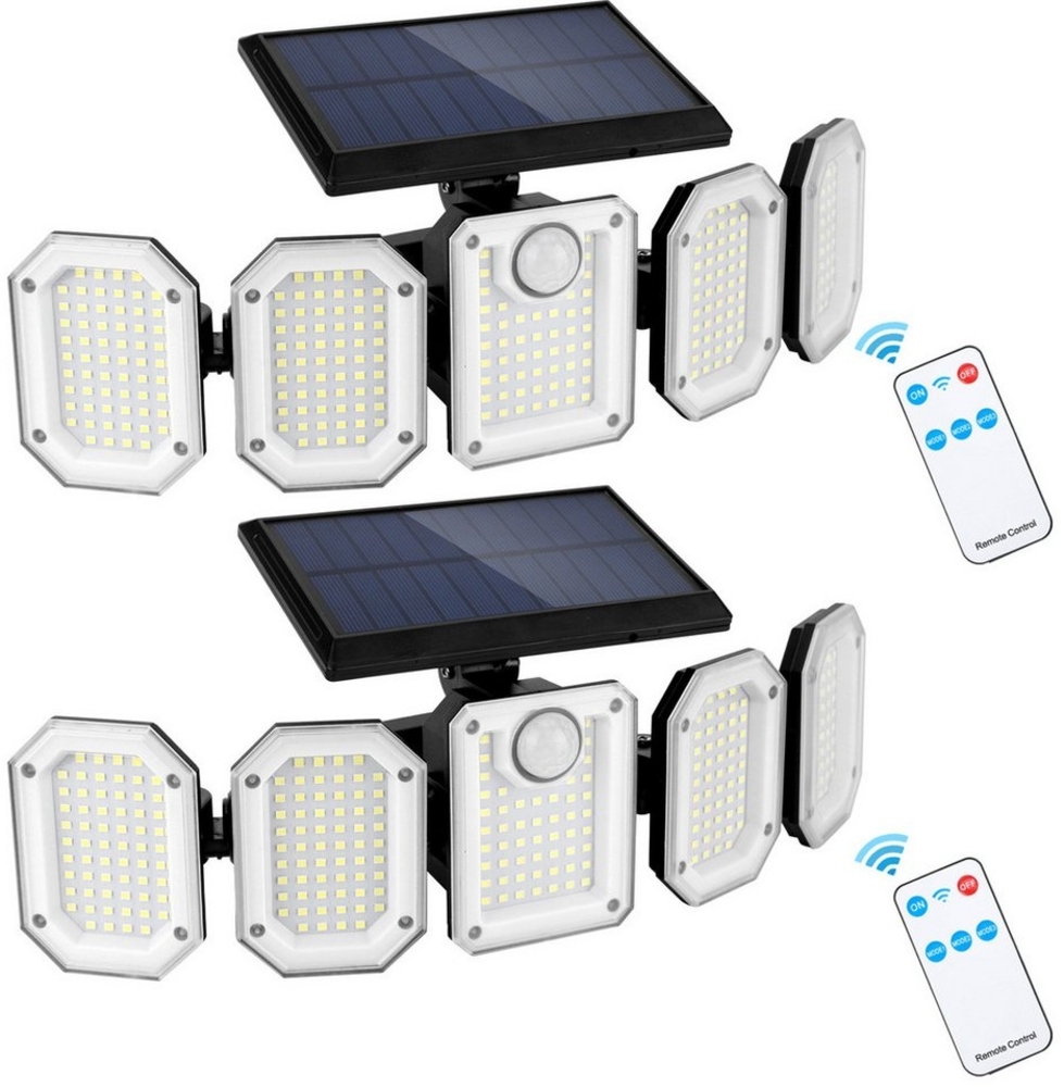 BlingBin LED Solarleuchte 300 LED Solarlampen Aussen mit Bewegungsmelder mit Fernbedienung, Drehbare Außenwandleuchte Solar 3 Modi IP65 Wasserdicht, LED fest integriert, Tageslichtweiß, LED-Strahler-Solar, Wandleuchtefür Hof, Garten, Terrasse, 2 Stück Bild 1