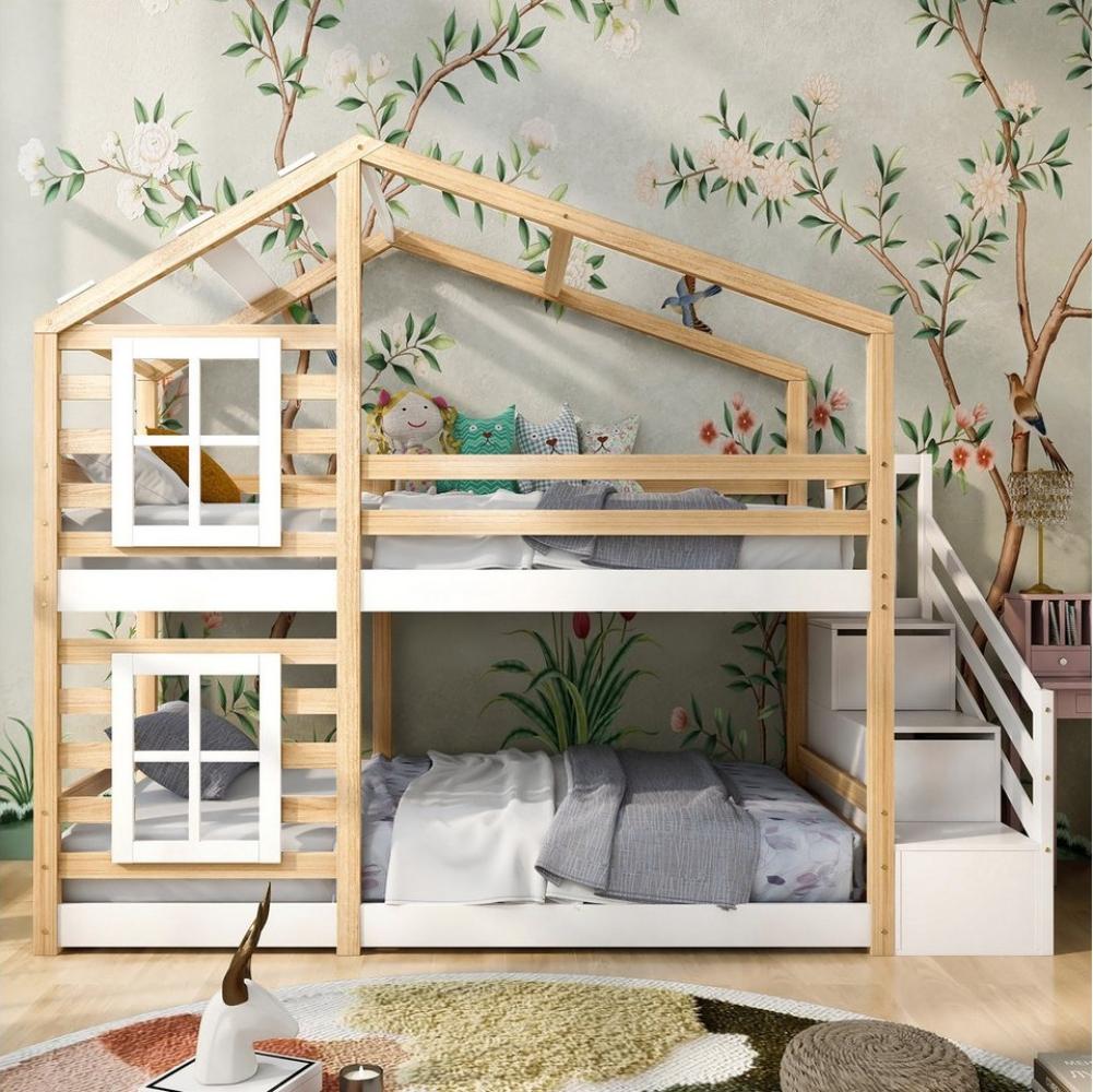 Merax Etagenbett, mit Treppen und Rausfallschutz, Kinderbett Hochbett Kiefer, Einzelbett, 90x200 cm Bild 1