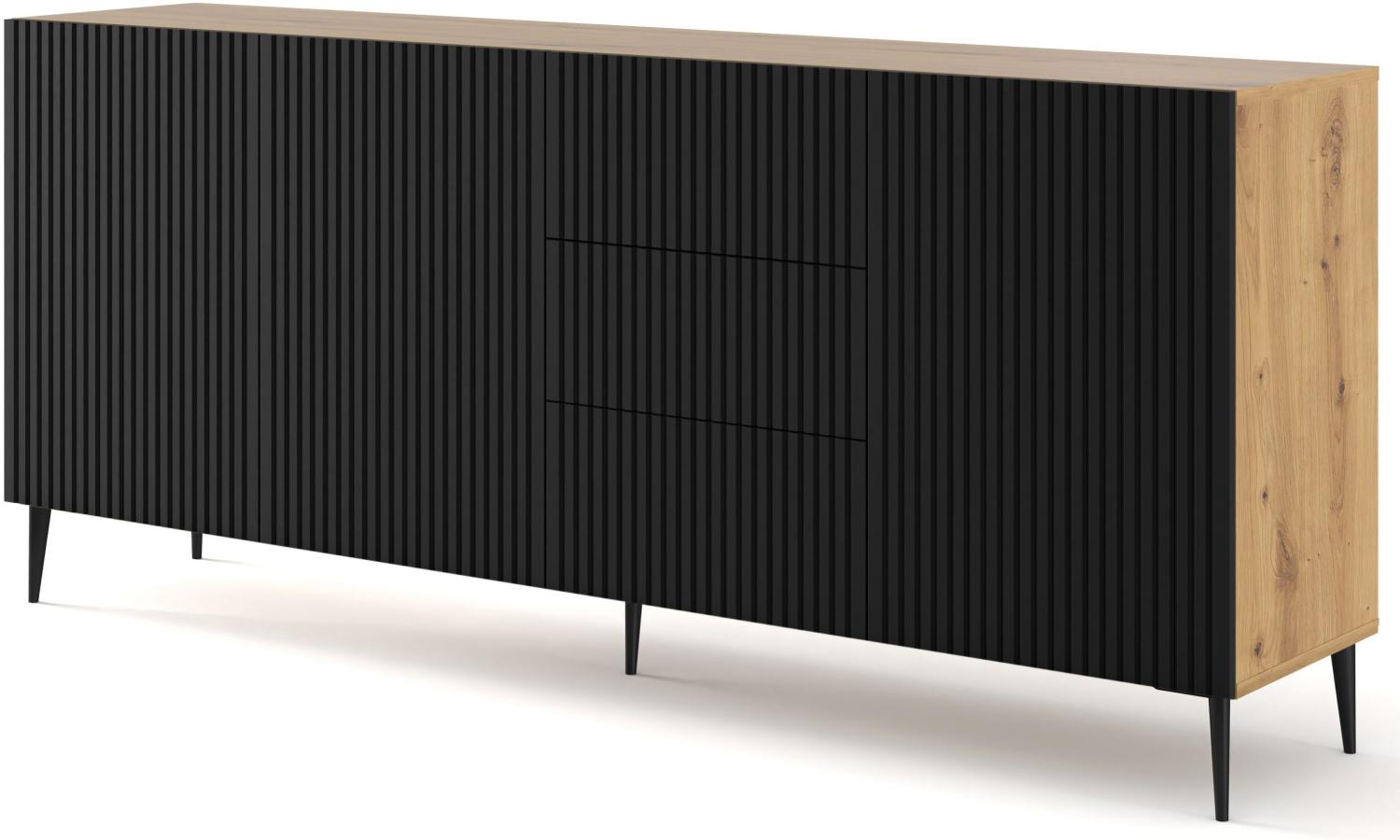 Domando Sideboard Moneglia M2 Klassisch Breite 200cm, Push-to-open-Funktion, besondere Fräsoptik, schwarze Füße in Artisan Eiche und Schwarz Matt Bild 1