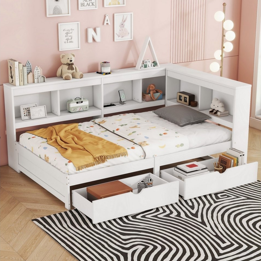 MODFU Schlafsofa Daybett Tagesbett Einzelbett Jugendbett Kinderbett, mit zwei Schubladen, Mit Steckdose und 2 USB-Anschlüssen, Bett mit Lattenrost, ohne Matratze Bild 1