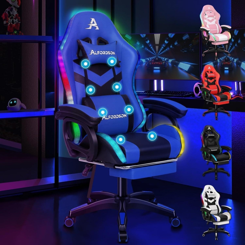 Gaming Stuhl ALFORDSON 8-Punkt Massage 12 RGB LED Bürostuhl Ergonomisch Blau Bild 1