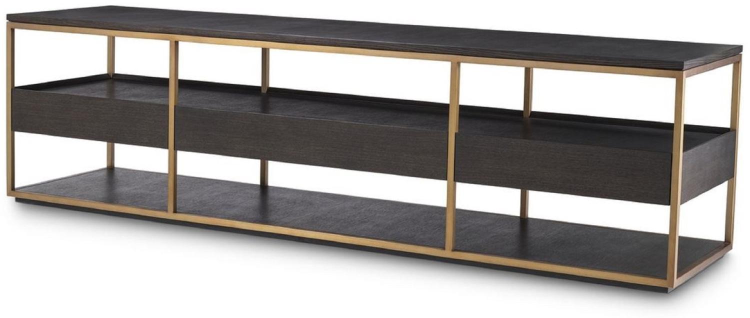 Casa Padrino Luxus TV Schrank Mokka / Messing 220 x 55 x H. 61 cm - Massivholz Sideboard mit 3 Schubladen - Wohnzimmer Möbel - Hotel Möbel - Luxus Kollektion Bild 1