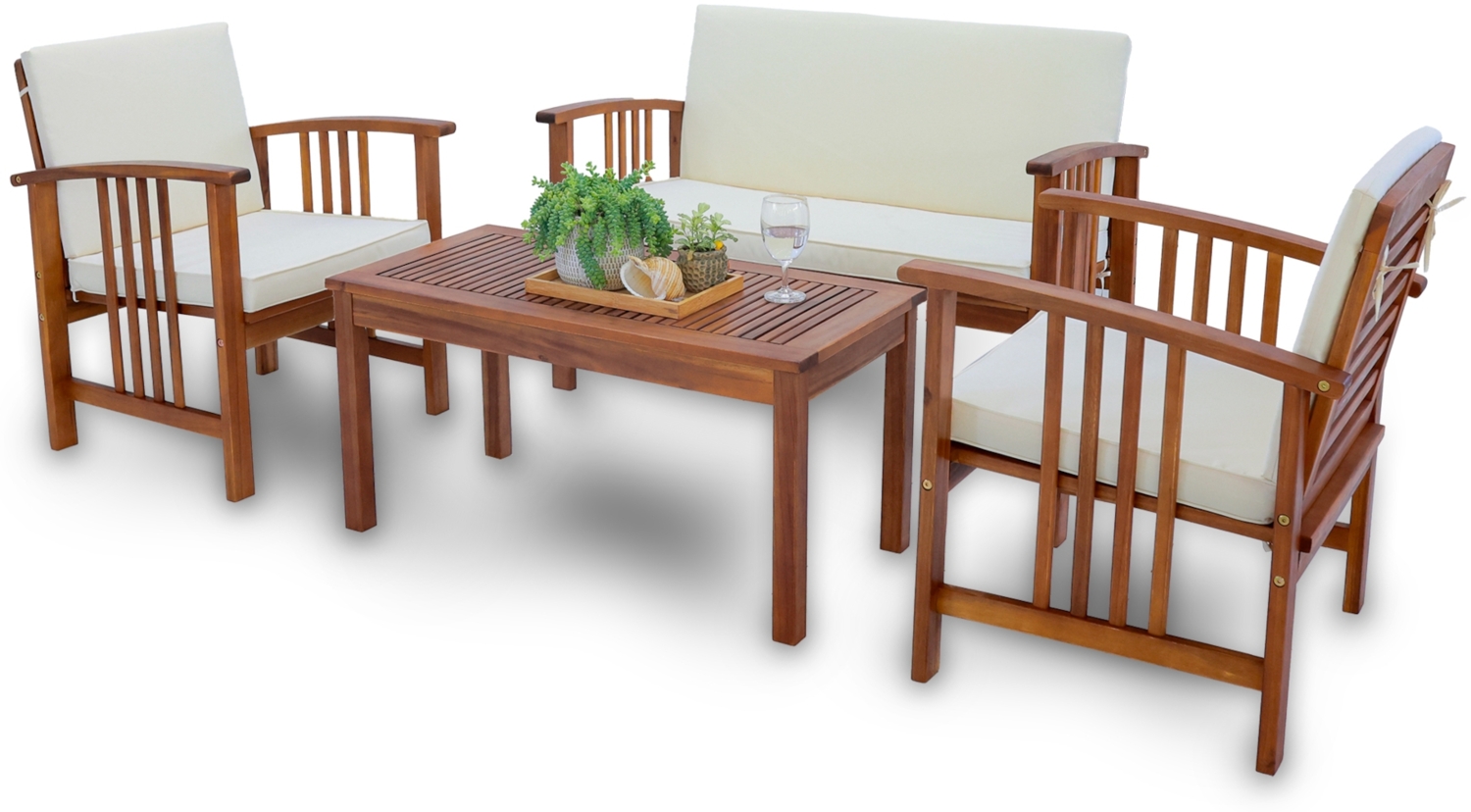DELUKE® Holz Gartenmöbel Set 4-teilig PUALI - Wetterfest | Gartenbank Gartentisch Gartenstühle Balkonmöbel Set 4 Personen Balkontisch Outdoor Sitzgarnitur 4er Sitzer, Braun Bild 1