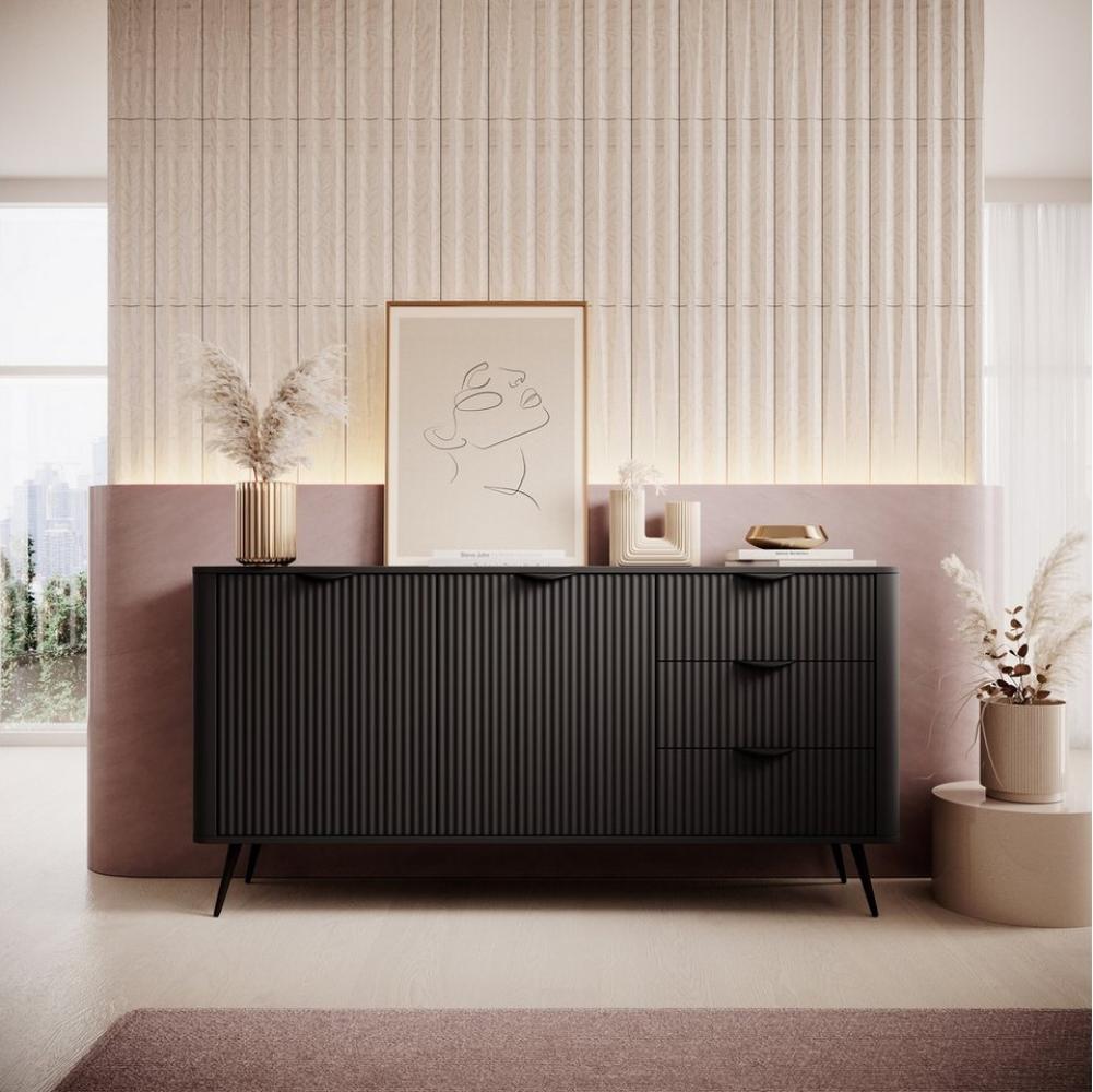 Furnix Kombikommode Katine 163 Design Sideboard mit Schubladen und Türen Metallfüße, mit dekorativen Metallgriffen, moderne Rillenoptik Bild 1