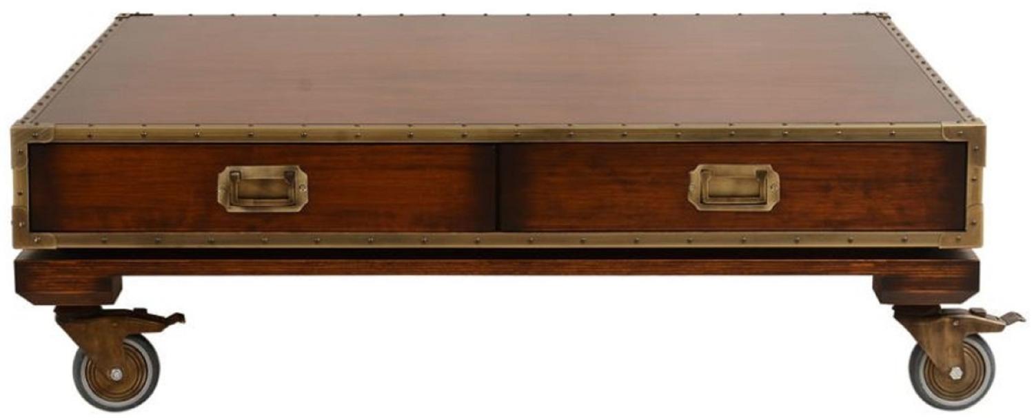 Casa Padrino Luxus Vintage Stil Couchtisch Braun / Messing 109 x 109 x H. 35 cm - Quadratischer Massivholz Wohnzimmertisch mit Rollen und Schubladen - Vintage Stil Wohnzimmer Möbel - Luxus Möbel Bild 1
