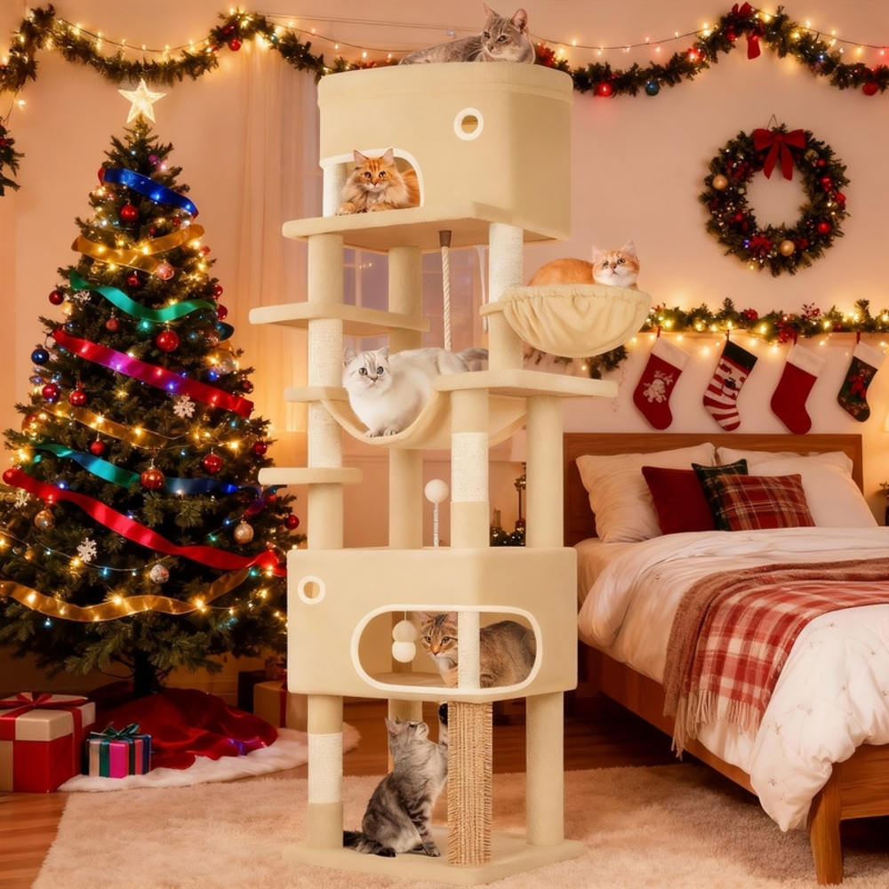 Kratzbaum, 203 cm Katzenbaum mit großer Plattform, 2 Höhlen, 7 Kratzsäulen, Pompons, Liegemulden, Hängematte, Geeignet für alle Katzenrassen, Beige Bild 1