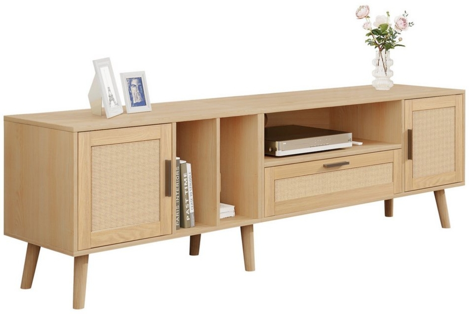 MODFU TV-Schrank Lowboard (für einen 80-Zoll-Fernseher) 180-cm-TV-Schrank, Rattan, mit 2 Türen und einer Schublade Bild 1