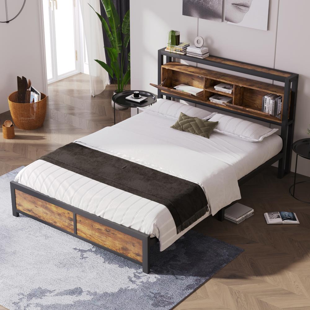 Merax Metallbett Jugendbetten Doppelbett 140 x 200 cm mit Stauraum-Kopfteil, Metall Bettgestell, Retro Bild 1