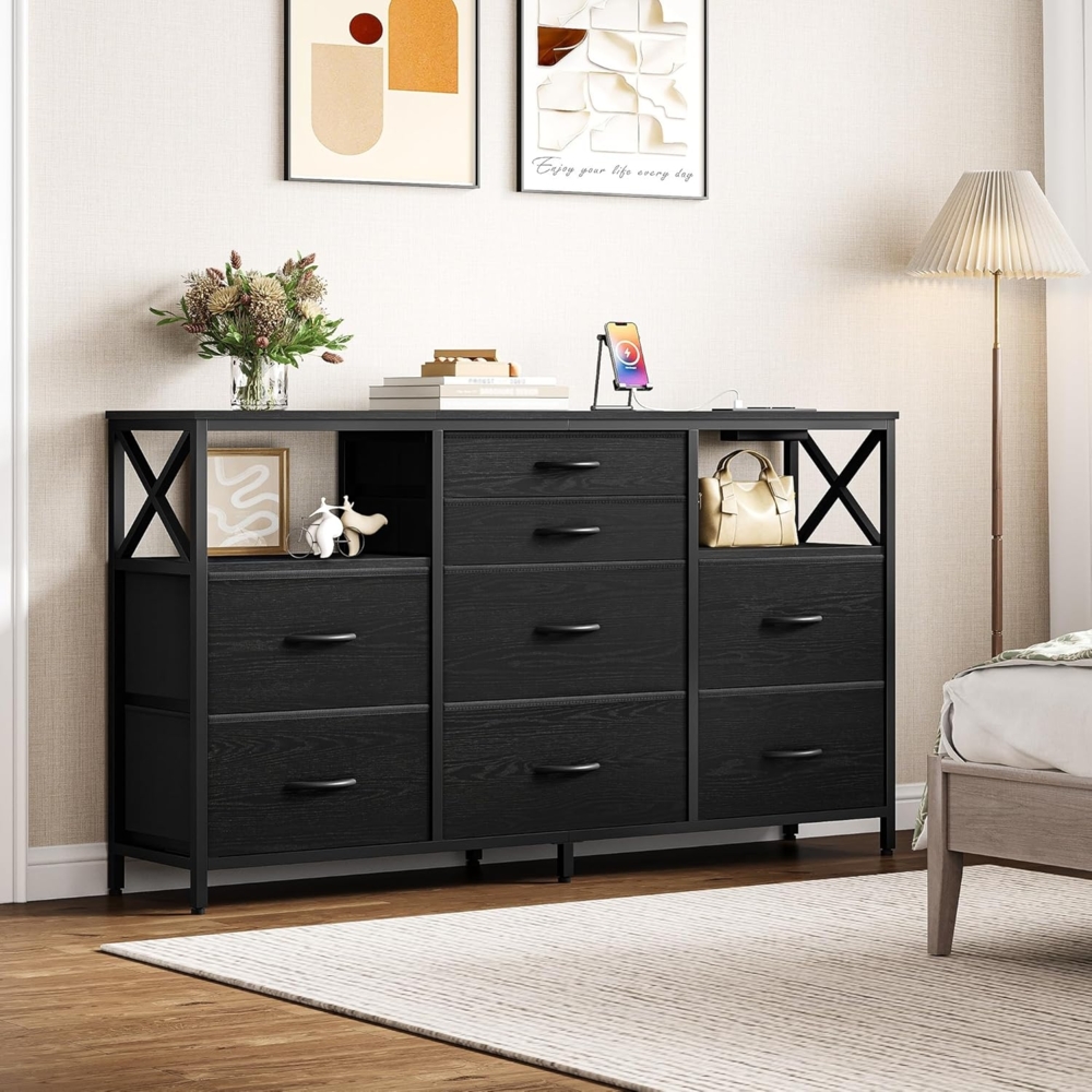Kommode 140 cm, 2 USB & 2 AC-Anschlüssen, Kommode mit 8 Schubladen aus Stoff, Vielseitiges Aufbewahrungsmöbel für Wohnzimmer und Schlafzimmer, 30 x 140 x 86 cm, Schwarz Bild 1