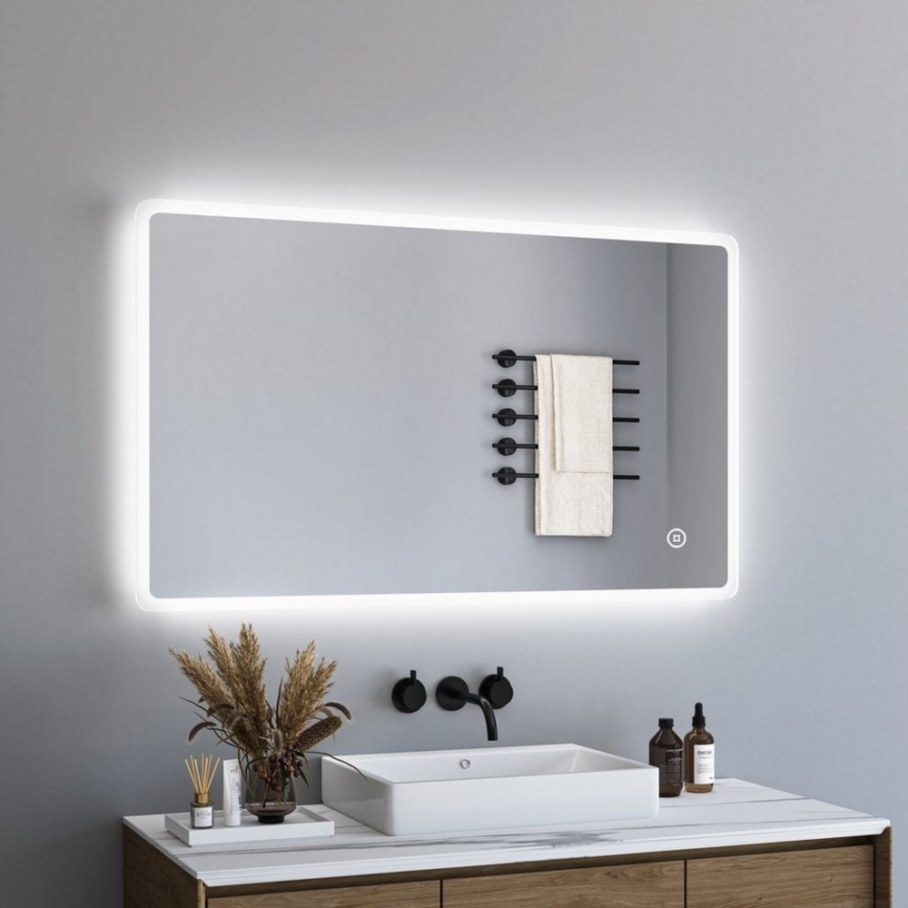 WDWRITTI Spiegel LED Badspiegel mit Touch 120x70 100x70 100x60 3Lichtfarben Dimmbar (Wandspiegel groß Lichtspiegel, Memory-Funktion, Touch,Wandschalter), energiesparender, IP44 Bild 1