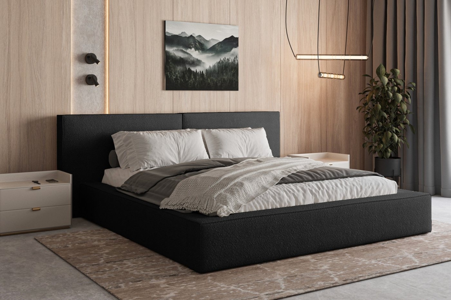 MOEBLO Polsterbett aus Bouclé Bett 06 (Bezug: Boucle, Doppelbett mit Kopfstütze, Rahmenbettgestell, mit Bettkasten und Lattenrost), gepolstertes Kopfteil Bild 1