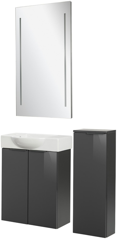 Fackelmann SBC LUNA Gäste WC Set 4-teilig 55 cm, Anthrazit, Keramik links+Spiegel+Midischrank slim Bild 1