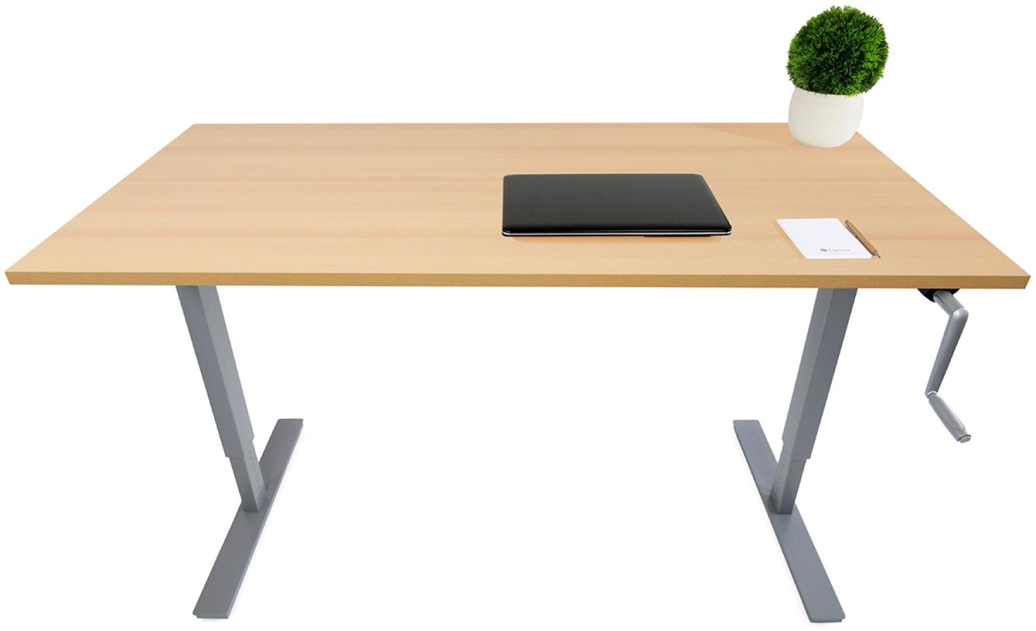 Desktopia Budget - höhenverstellbarer Schreibtisch mit Höhenverstellung per Kurbel (Buche, 160x80 cm, Grau) Bild 1