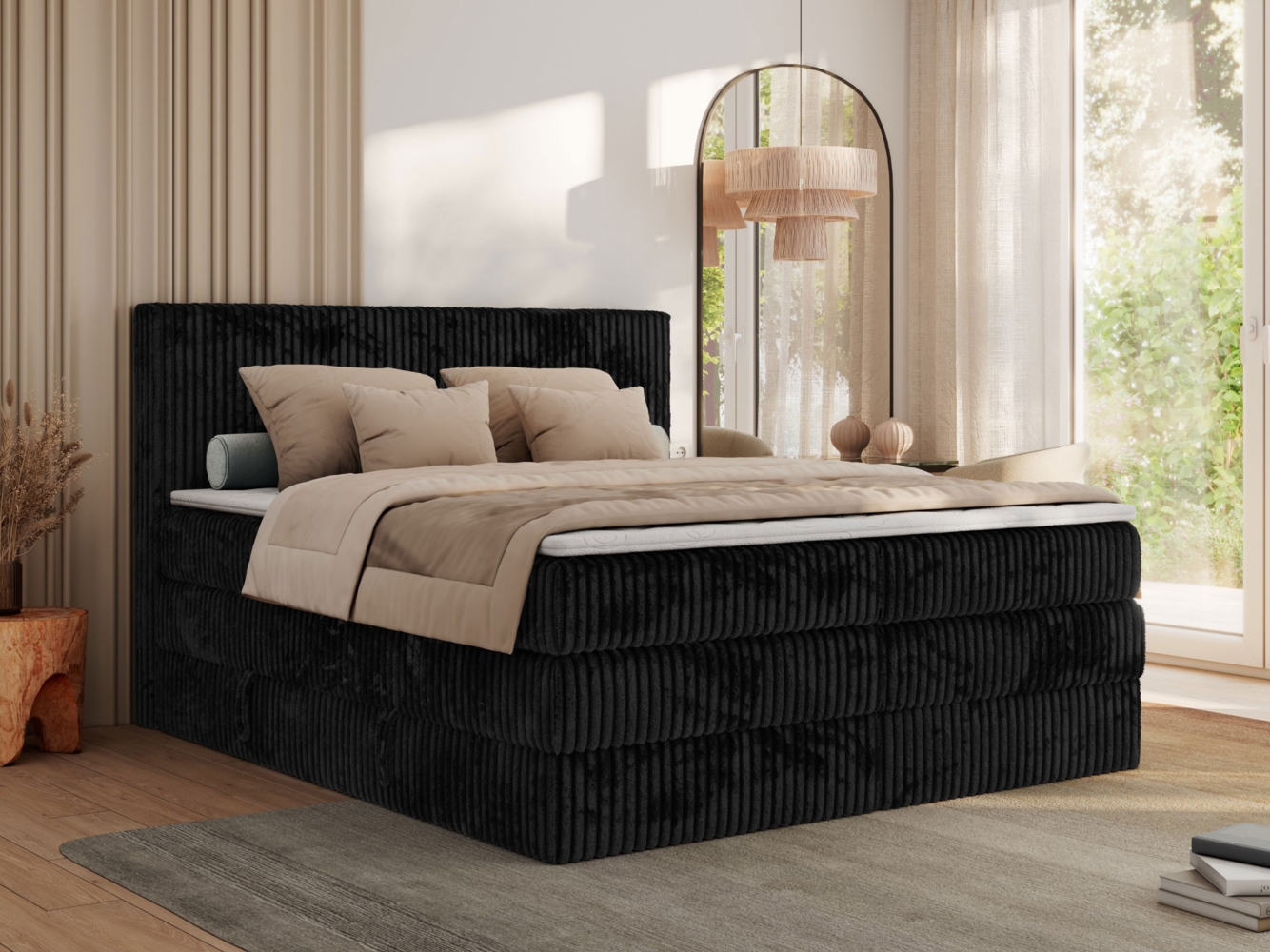 Boxspringbett, Doppelbett mit zwei Bettkästen und Multipocket-Matratze, Cord Bett - TILIANO KING - 180 x 200 cm - Schwarz Cord - H4 Bild 1