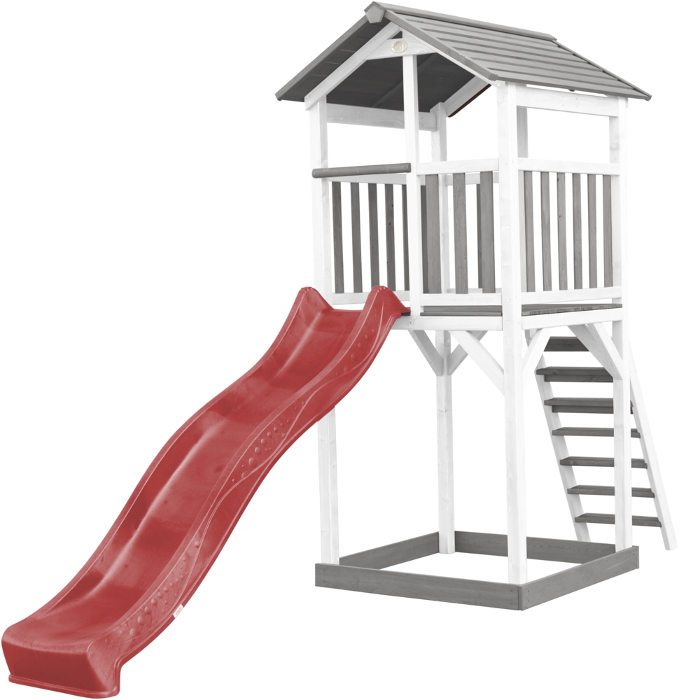 AXI Beach Tower Spielturm aus Holz in Weiß & Grau Spielhaus für Kinder mit roter Rutsche und Sandkasten | Weiß, grau, rot | Holz | 349 cm Bild 1