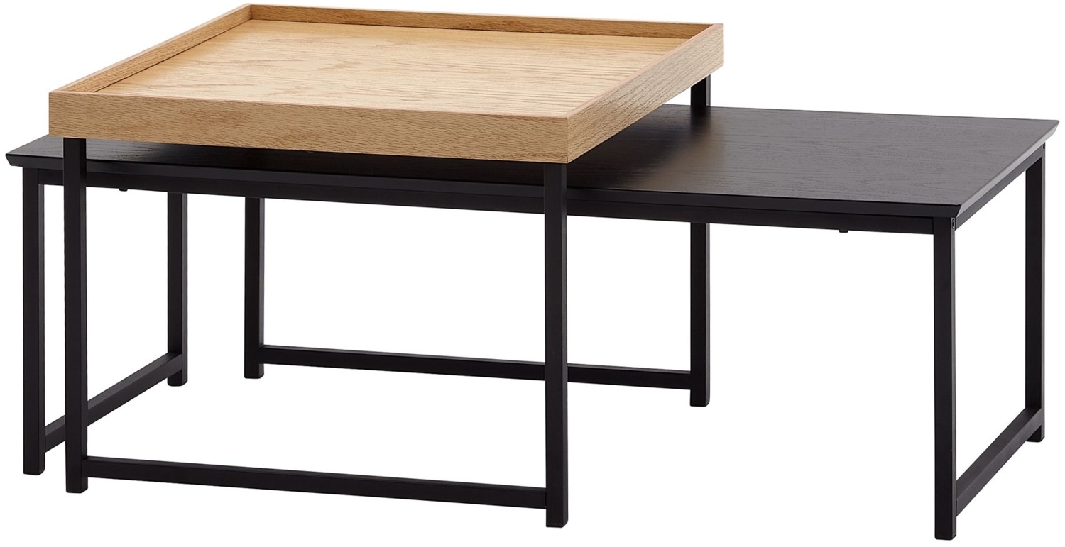 Couchtisch 2er Set Holz / Metall Sofatisch Eckig Eiche Schwarz Modern, Beistelltisch 2-teilig, Design Wohnzimmertische, Holztisch Satztische Bild 1