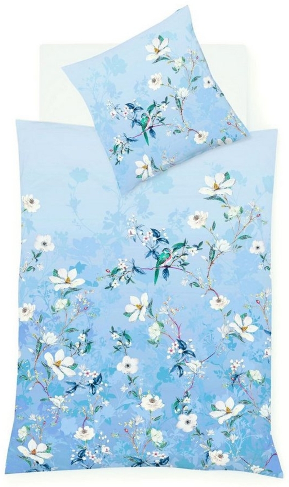 JACK Wendebettwäsche 135x200cm Blüten Vogel Blau Lavendelblau Fleuresse, Mako-Satin, 2 teilig, schönes Design mit zarten Blumen Bild 1