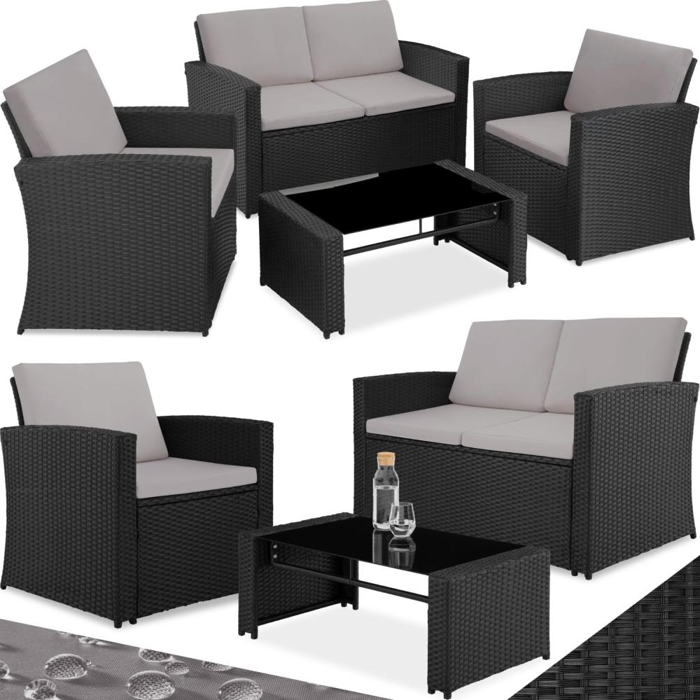 tectake® Lounge Gartenmöbel Set Poly Rattan für den Garten, Möbel für den Balkon, 12-teilige Garten Lounge (wetterfest), Essgruppe mit Outdoor Sofa, Sessel und Tisch für 4 Personen (Schwarz/Grau) Bild 1