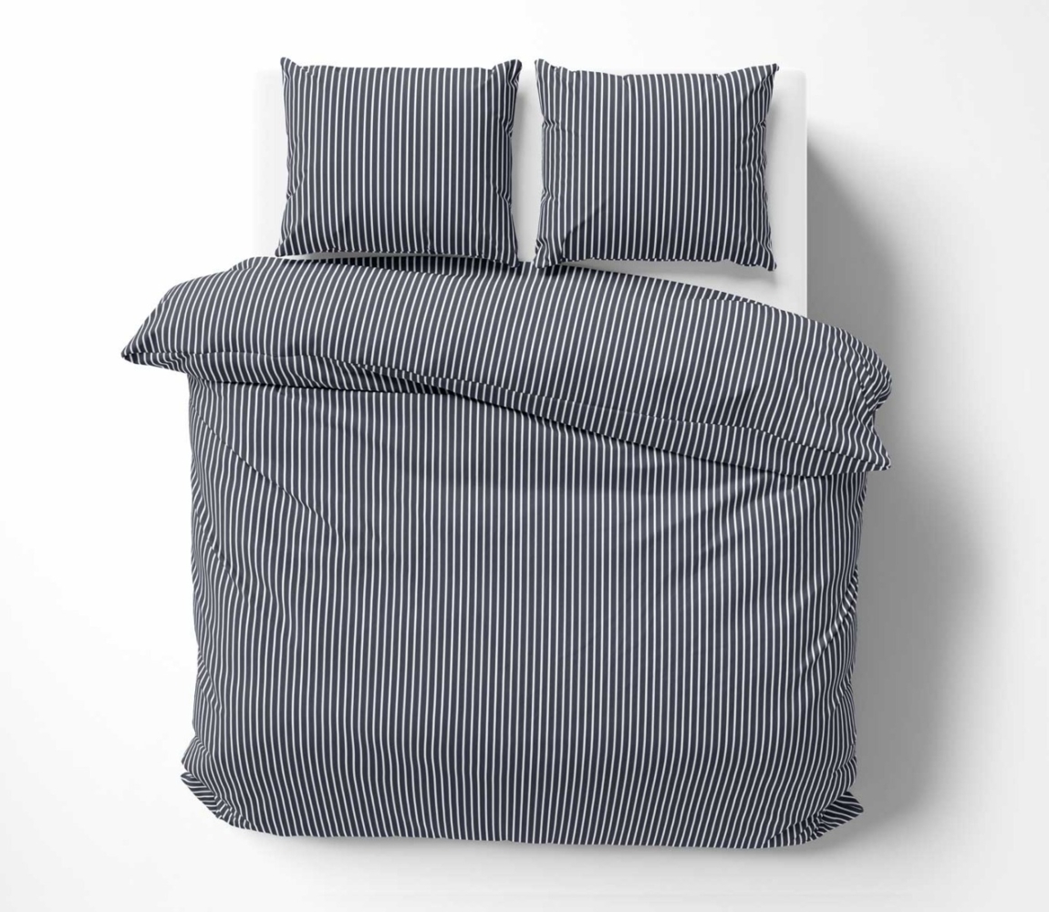 Mako Satin Bettwäsche Streifen nachtblau/weiß 155x220 + 80x80 Bild 1
