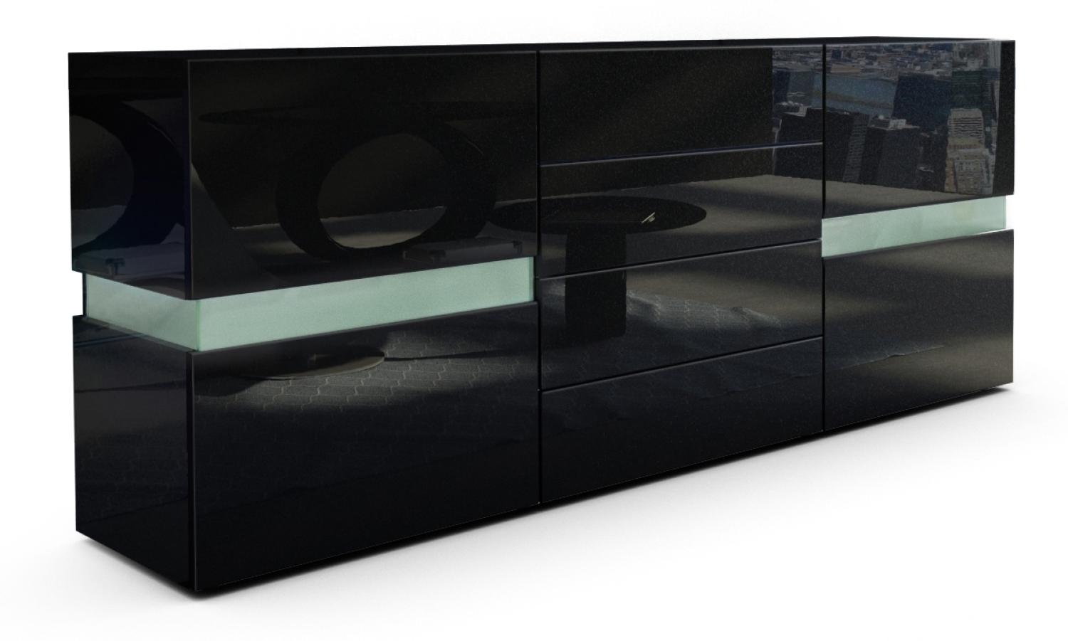 Vladon Sideboard Flow, Schwarz Hochglanz/Schwarz Hochglanz - Moderne Kommode mit Ambient Light Verglasung für Ihr Wohnbereich (177 x 75 x 39 cm) Bild 1