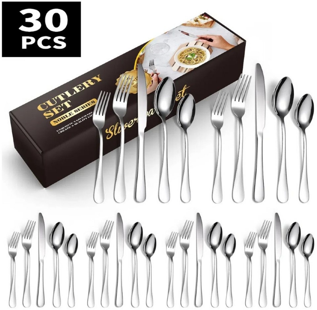 YNOFIT Besteck-Set 30 Besteckteile für 6 Personen, darunter Messer, Gabeln und Löffel, 6 Personen, 30-tlg, 6 Messern, 12 Gabeln, 12 Löffeln, poliert, mehrfarbig Bild 1