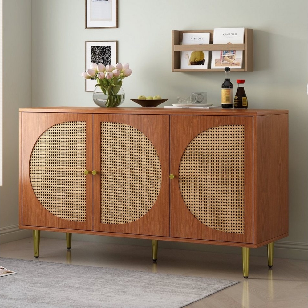 OKWISH Sideboard im Vintage-Stil mit 6 Fächern (Kommode mit 3 Rattan-Türen und Metallbeine, Breite 130cm, im Vintage-Stil mit 6 Fächern) Bild 1