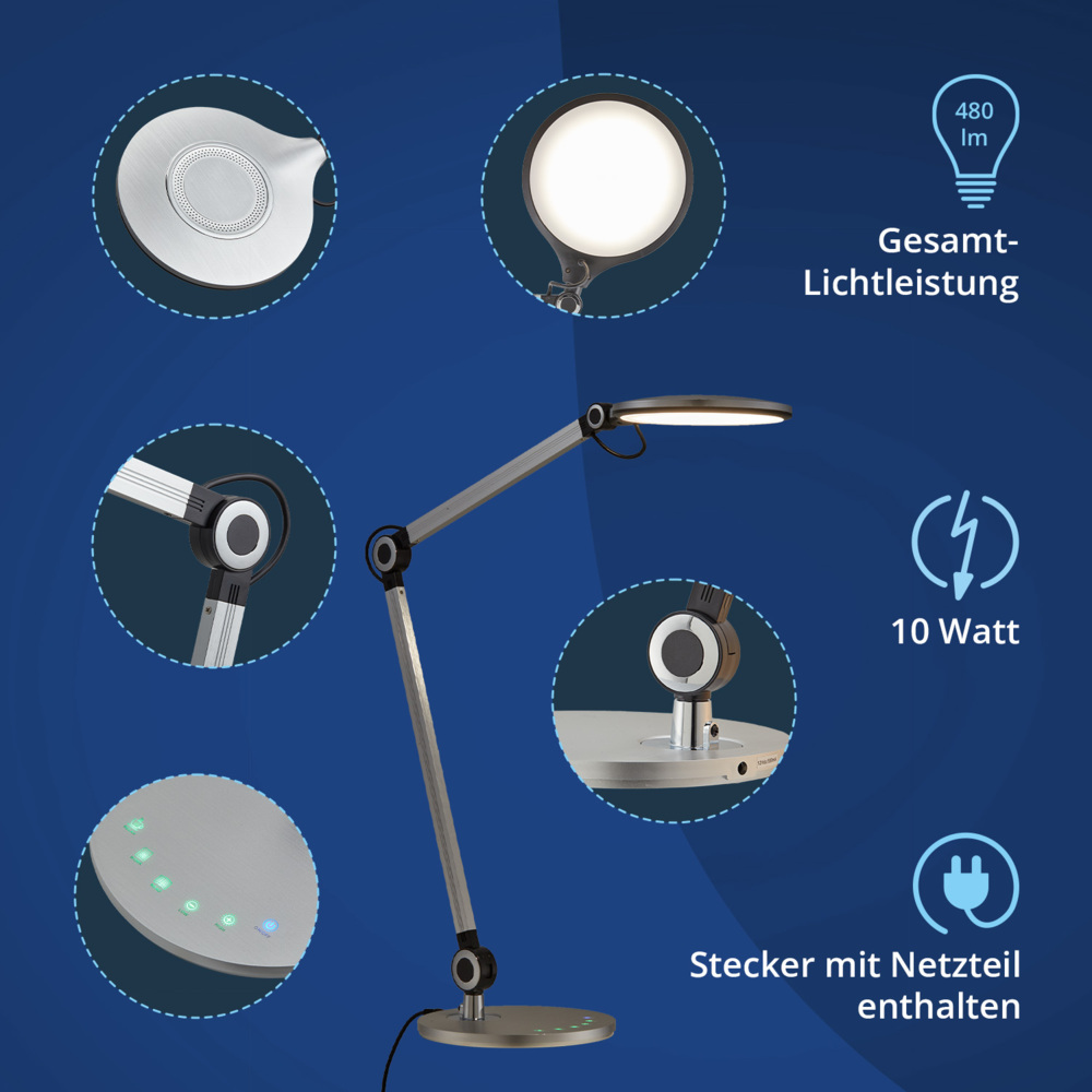 KHG LED-Schreibtischleuchte in silber, dimmbar mit Touchschalter, 1-flammig, Farbwechsel CCT (Weißspektrum) 3.000-6.500 K, 480 lm Lichtleistung, 10 W Gesamtleistung, für Arbeitszimmer und Büro Bild 1