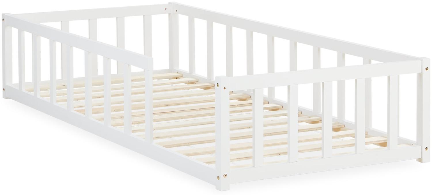 Kinderbett 90x200 Bodenbett mit Rausfallschutz Montessori Bett Kleinkindbett Holz Massiv Weiß Einzelbett Lattenrost Bettgestell Bild 1