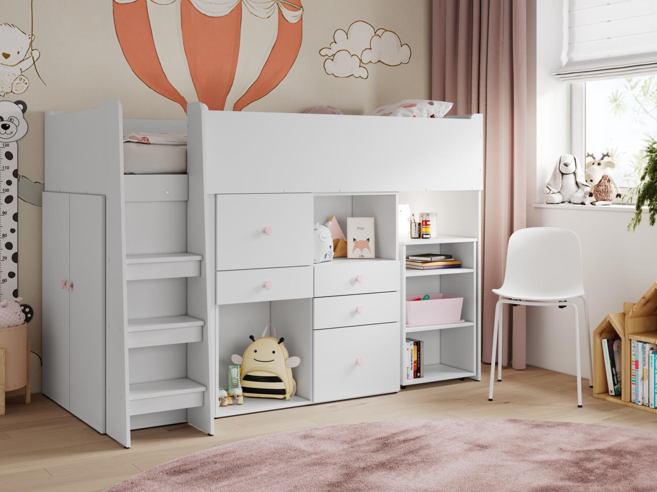 Hochbett CASTELLO PRIMA für ein Mädchen, Kinderbett mit Schrank und Matratze 90x200 - Weiß und Rosa Bild 1