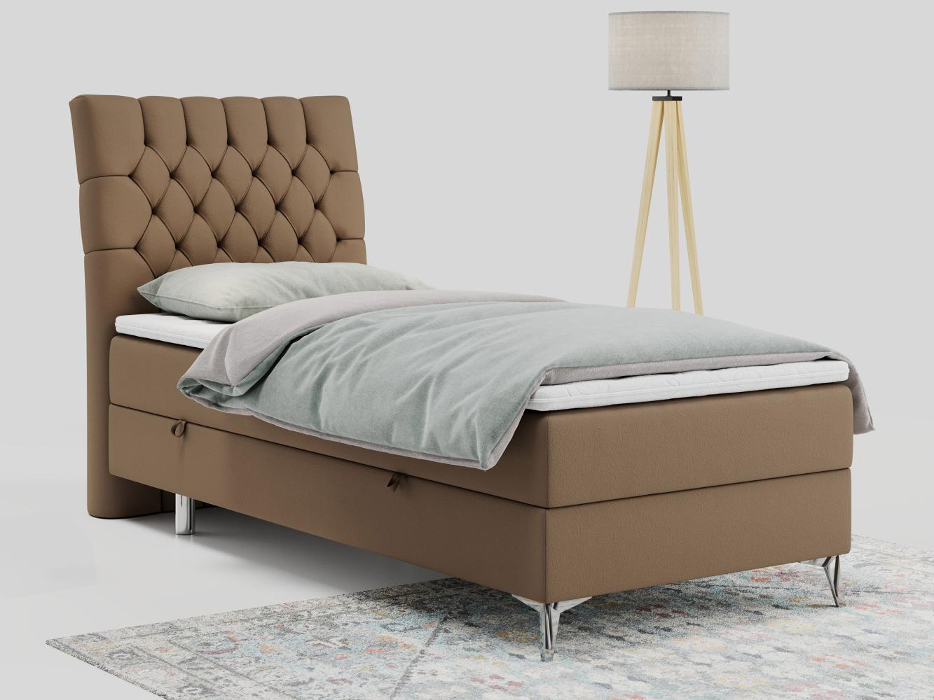 Boxspringbett MILEN, Einzelbett 90x200, Polsterbett mit Multipocket-Matratze und Topper - Braun Kunstleder - links - H4 Bild 1