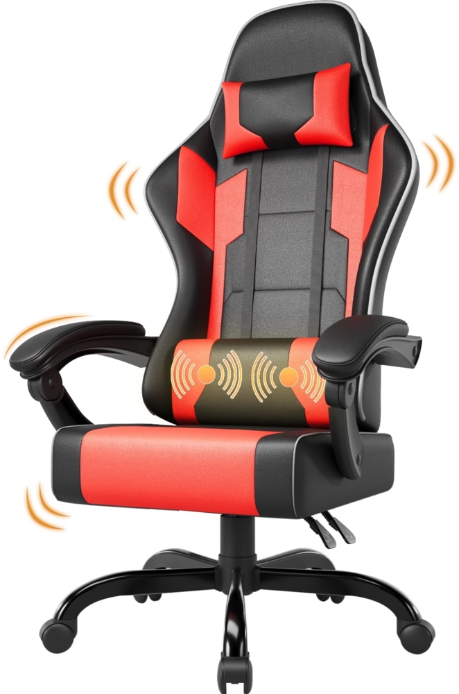 JUMMICO Massage Gaming Stuhl, Bürostuhl Ergonomisch mit Lendenwirbelstütze, Computerstühle Racing Bürostühle Gaming Sessel, Höhenverstellbar Liegestuhl Schreibtischstuhl 150kg Belastbarkeit, Rot Bild 1