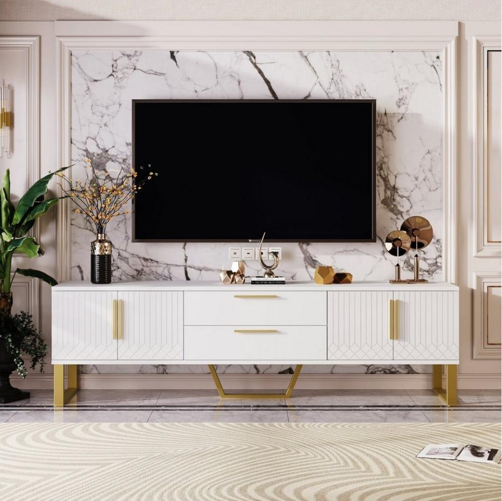 OKWISH TV-Schrank Hochglänzender TV Schrank (Tür mit gravierter Textur, Aufbewahrungslösung für das Wohnzimmer, Hochglänzender TV Schrank, goldene Griffe und Füße) Bild 1