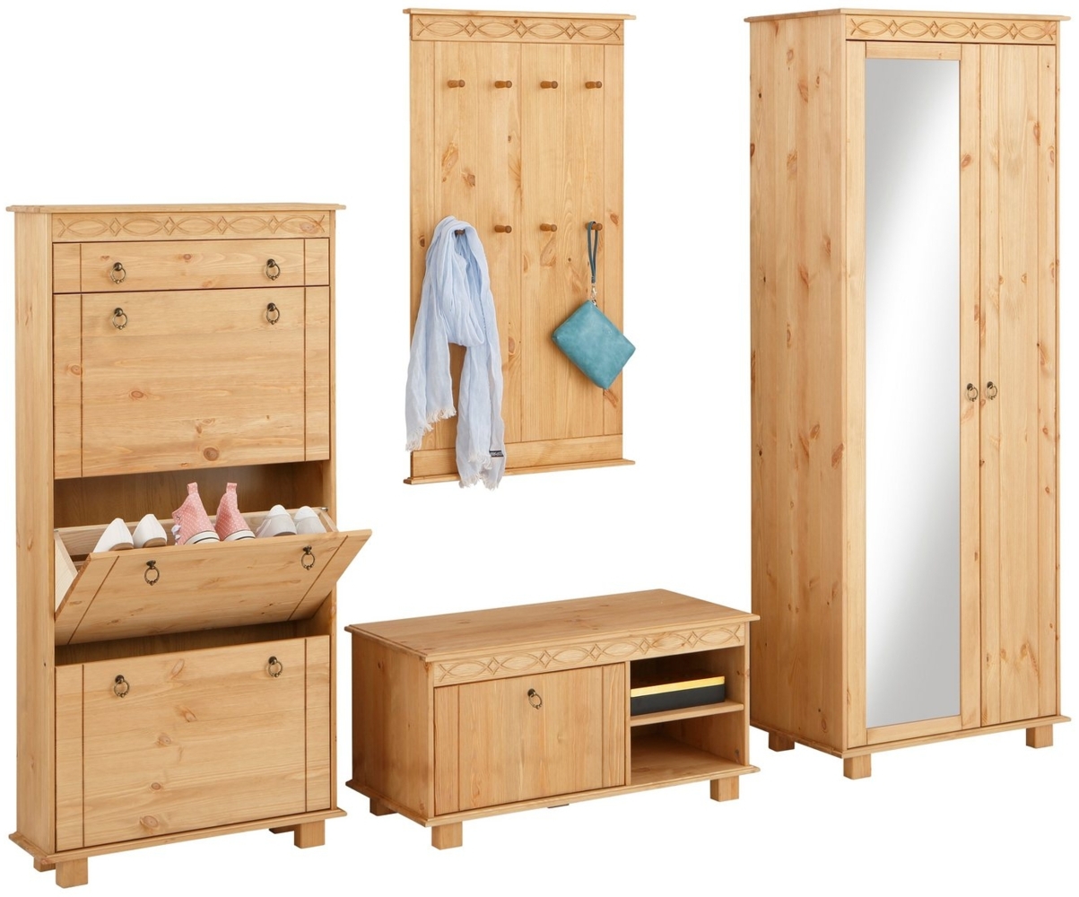 Home affaire Garderoben-Set Indra, (Set, 4-St), 4-tlg. Set: Schuhschrank, Bank, Paneel, Kleiderschrank, Kiefer massiv Bild 1