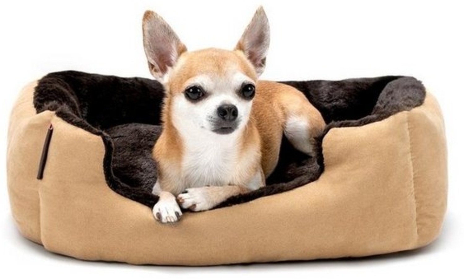 lionto Hundebett mit Wendekissen und Rutschfester Unterseite, Robustes Heimtierkissen mit tiefem Einstieg für Hunde und Katzen jeden Alters, 50x37 cm, kuscheliges Hundekissen, beige/braun Bild 1