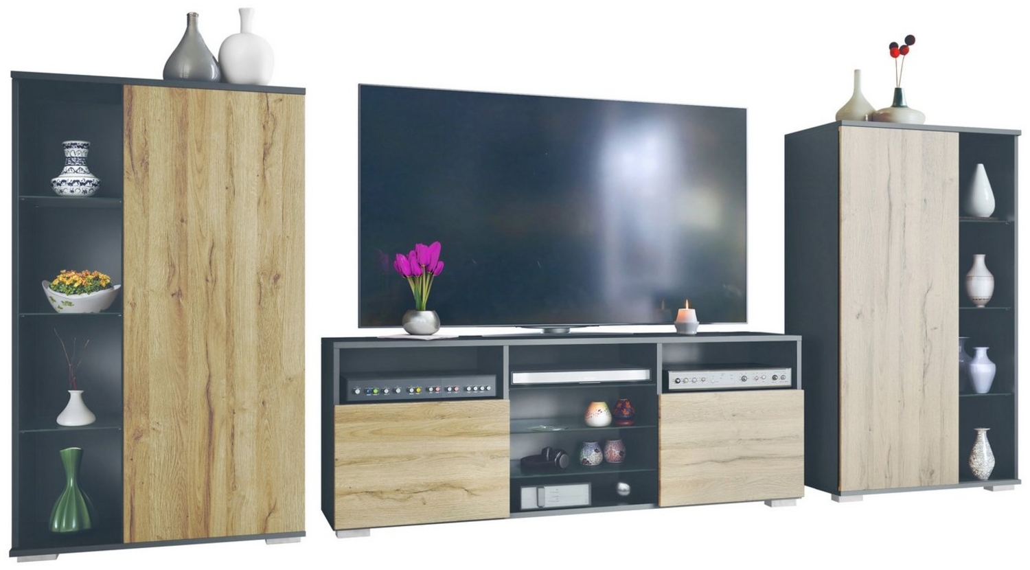 Vladon Wohnwand Davos, (Anbauwand, bestehend aus 2 Vitrinen und 1 TV-Board), Anthrazit matt/Eiche Natur (329 x 134 x 35 cm) Bild 1