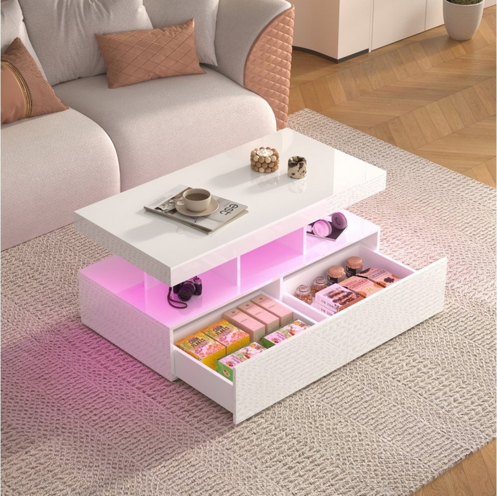 Furnishings Home Couchtisch Schreibtisch Beistelltisch LED Breite 104 cm (Hochglänzender quadratischer, 104x53x46 cm), Mit Schubladen und 16-farbigen variablen LED-Leuchten Bild 1