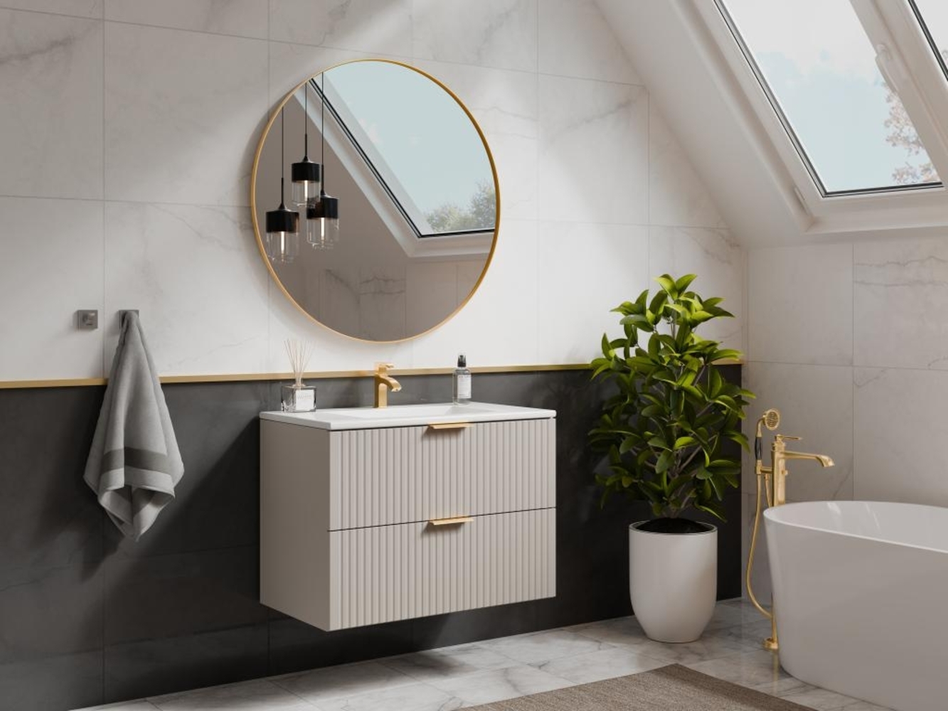 Vente-unique - Waschbeckenunterschrank hängend mit Einbauwaschbecken - Streifenoptik - Beige - 80 cm - ZEVARA Bild 1