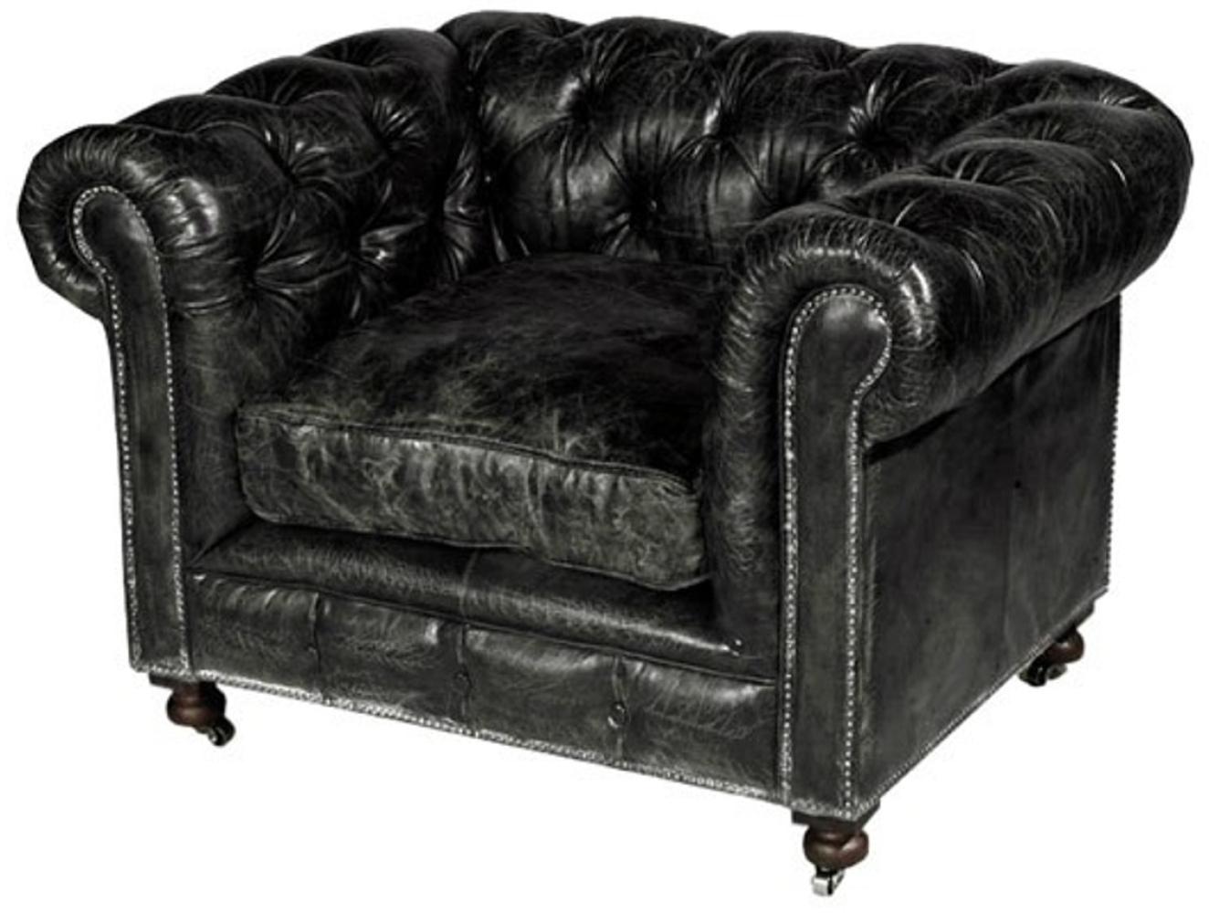 Casa Padrino Chesterfield Luxus Echt Leder Sessel Vintage Leder Kensington Schwarz - Club Sessel Bild 1