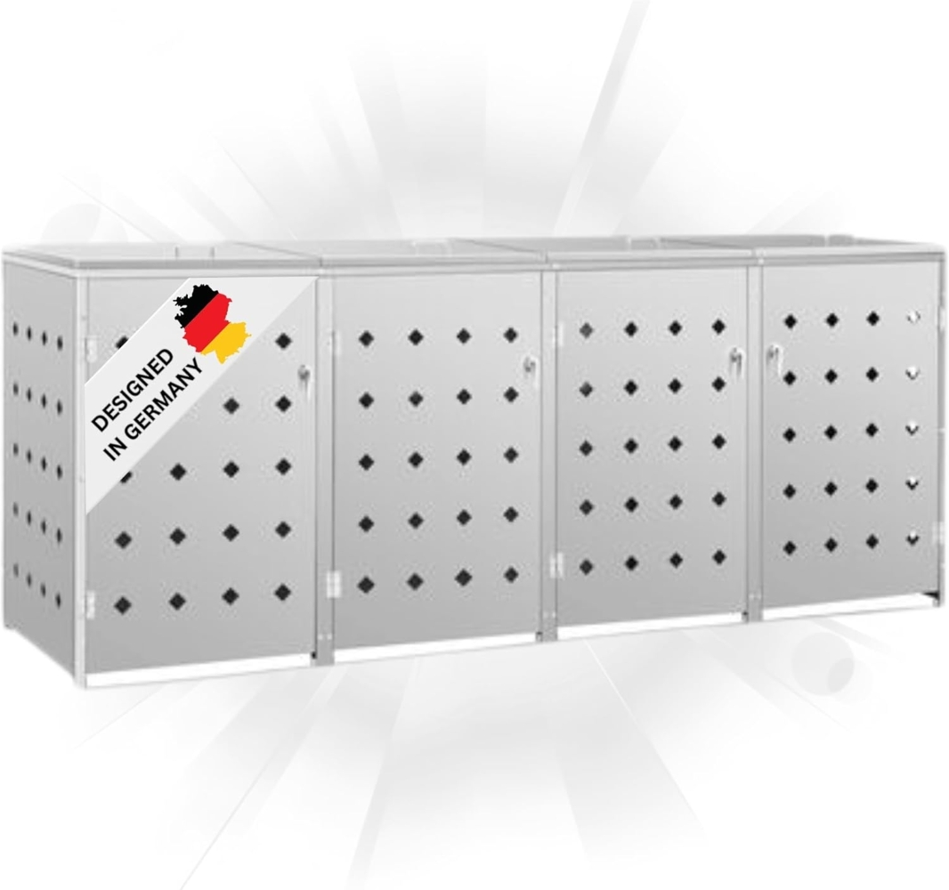 DELUKE® 4er Mülltonnenbox SOGI Edelstahl 276x115x77,5cm silber Mülltonnenverkleidung für 4 Tonnen 240L Müllbox aus Metall Mülltonnenschutz Mülltonnendach Bild 1