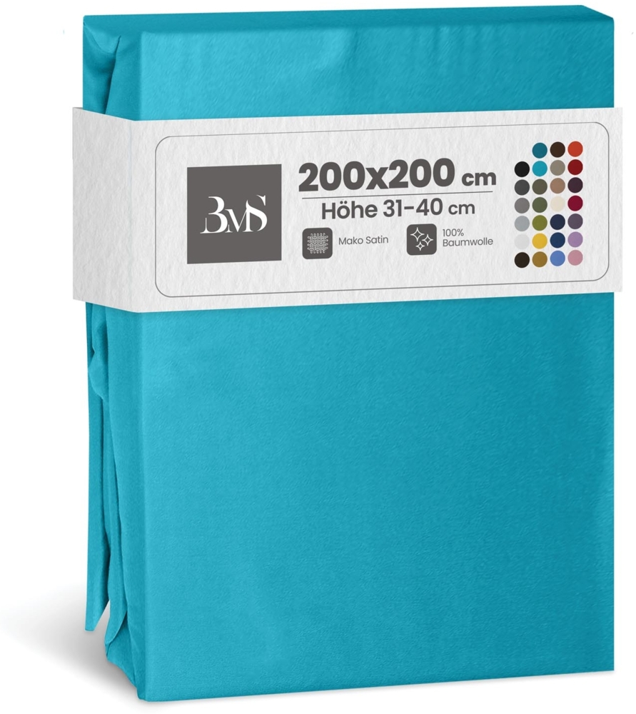 Bettwaesche-mit-Stil Mako-Satin Spannbettlaken türkis 200x200cm Höhe 31-40cm Bild 1