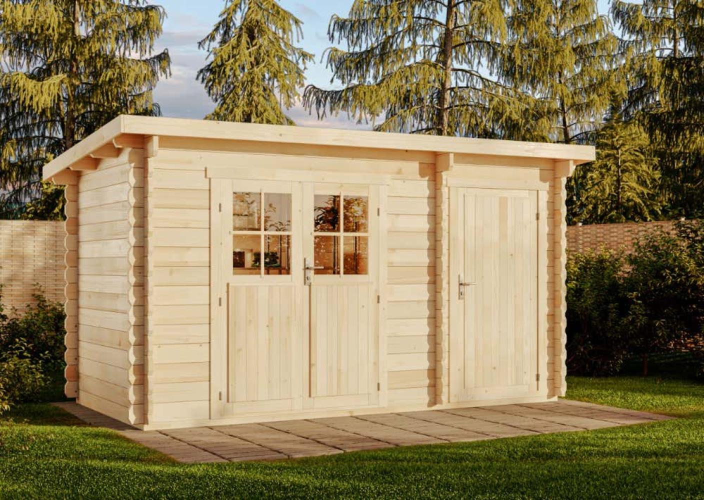 Alpholz Gartenhaus Korfu mit Anbau Gartenhaus aus Holz Holzhaus mit 28 mm Wandstärke Blockbohlenhaus mit Montagematerial Bild 1