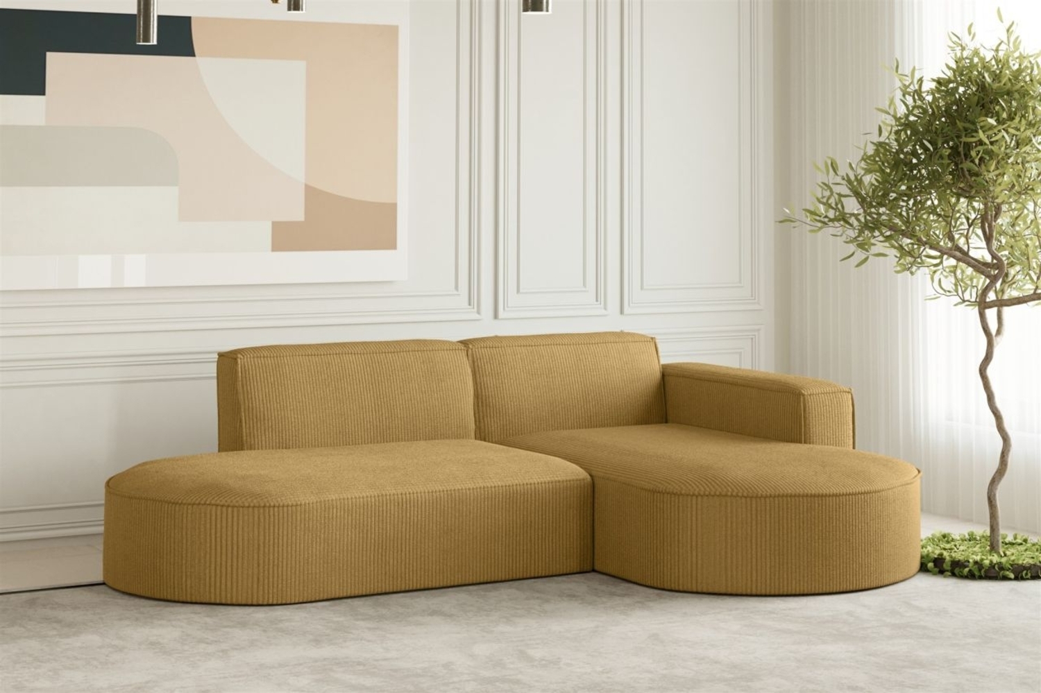 Ecksofa Designersofa PALMA XS in Stoff Scala Senfgelb Ottomane Rechts Bild 1