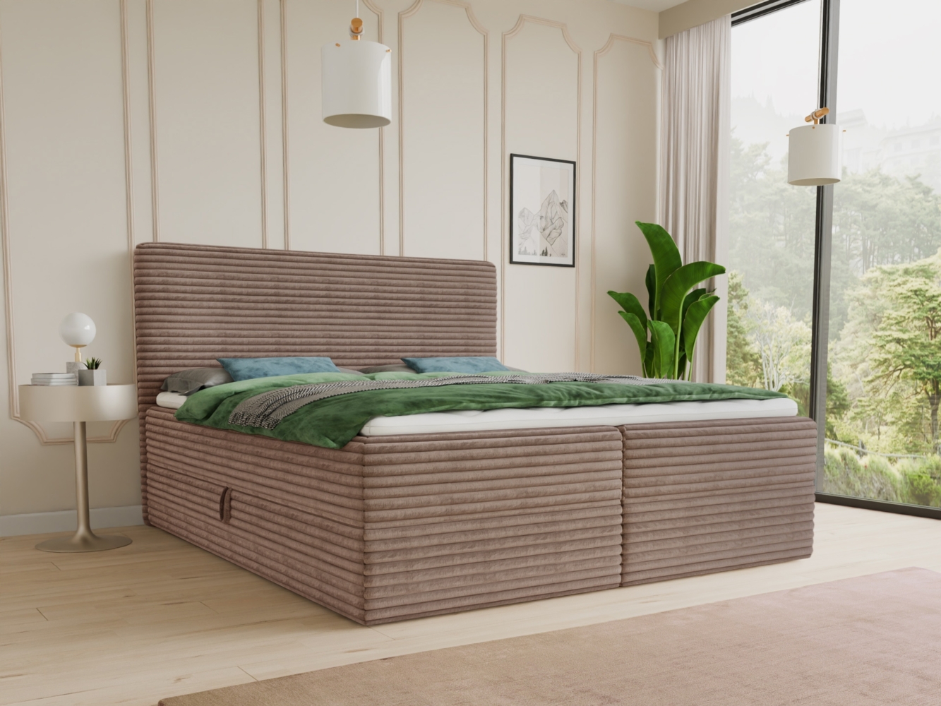 Boxspringbett Mollo mit 2 Bettkästen, Doppelbett mit Bonell-Matratze und Topper, Polsterbett in weichem Cordstoff, Bett, Bettgestell für Schlafzimmer (Braun (Tilia 17), 140 x 200 cm) Bild 1