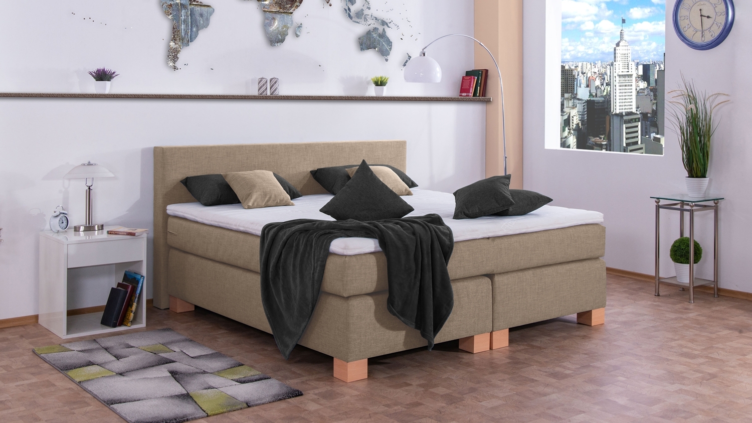 Meisterbetten Boxspringbett Vita 200x220 in W-Sahara, Matratzenbezug Nano, Komfortschaum-Topper Bild 1