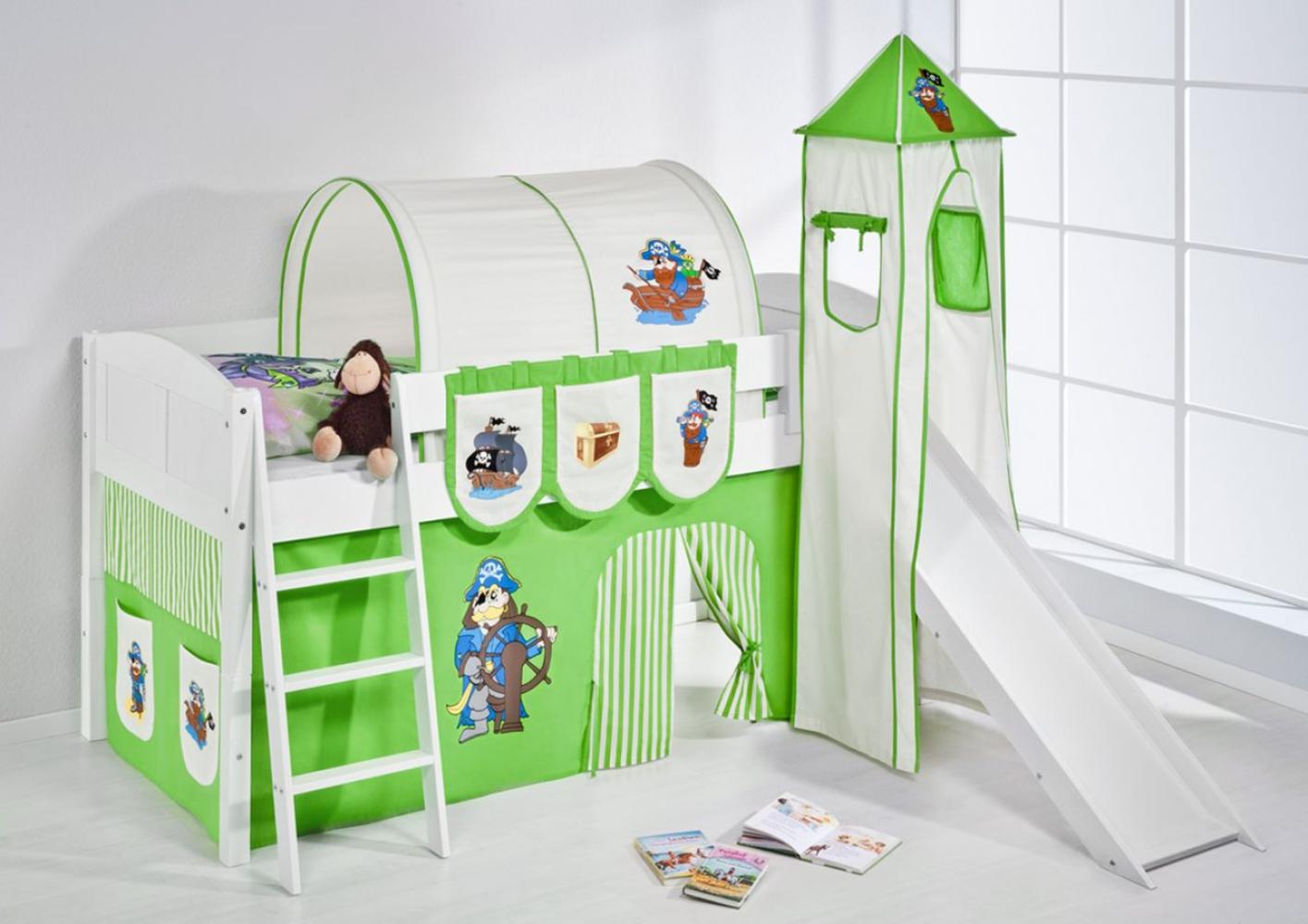 Lilokids 'Ida 4106' Spielbett 90 x 200 cm, Trecker Braun Beige, Kiefer massiv, mit Turm, Rutsche und Vorhang Bild 1