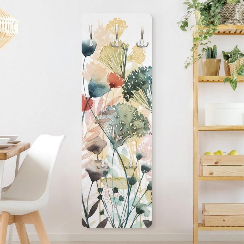 Bilderdepot24 Garderobenpaneel weiss Aquarell Blumen Floral Kunst Landhaus Wildblumen im Sommer I (ausgefallenes Flur Wandpaneel mit Garderobenhaken Kleiderhaken hängend), moderne Wandgarderobe - Flurgarderobe im schmalen Hakenpaneel Design Bild 1